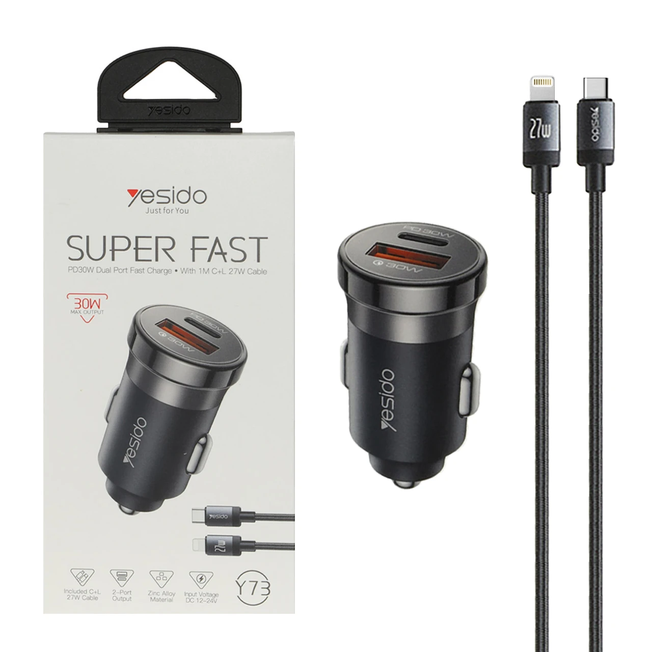 شارژر فندکی سوپر فست وPD دو پورت Yesido مدل Y73 30W به همراه کابل شارژ Type-C To Lightning