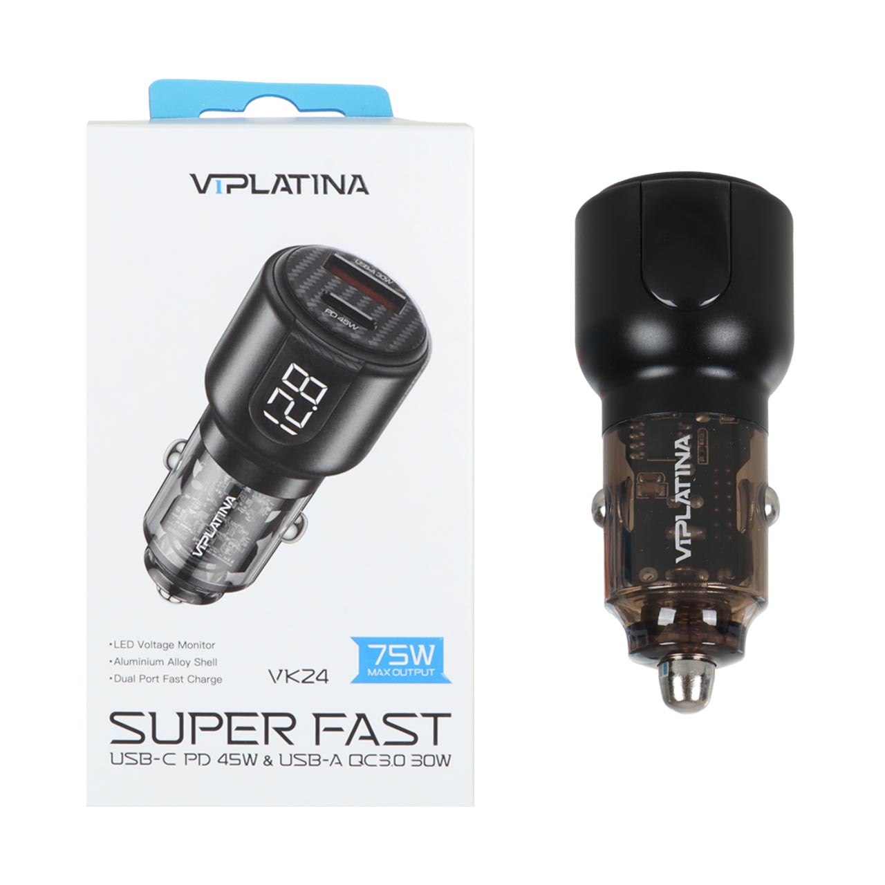 شارژر فندکی فست و PD دو پورت VIPLATINA مدل VK24 75W