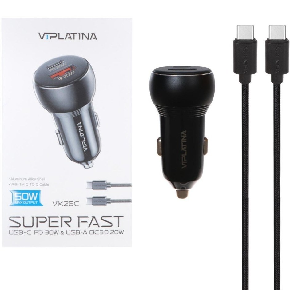 شارژر فندکی PD و فست دو پورت VIPLATINA مدل VK26C 50W به همراه کابل شارژ Type-C To Type-C