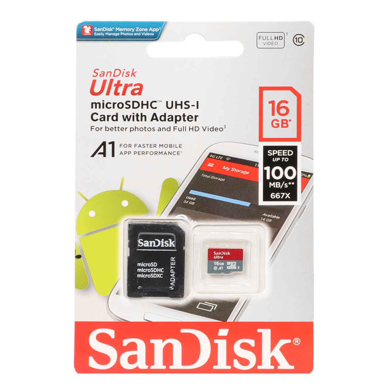 SanDisk Ultra microSDHC UHS-I & adaptor Full HD 667X (100MB/S) 16GB