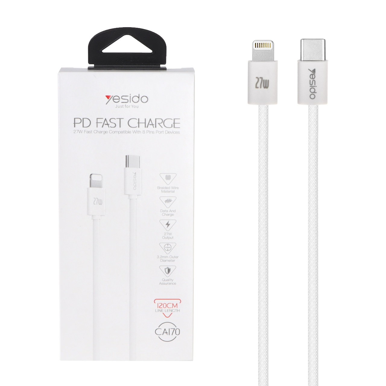 کابل شارژ 1.2 متری فست Yesido Type-C To Lightning مدل CA170 27W