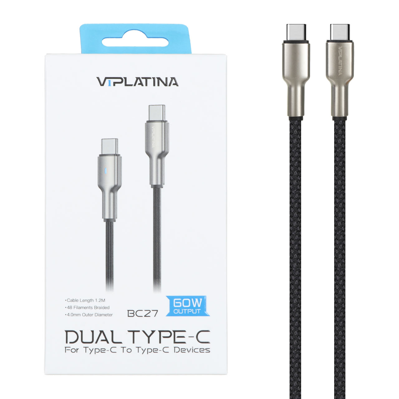 کابل شارژ فست VIPLATINA Type-C To Type-C مدل BC27 60W