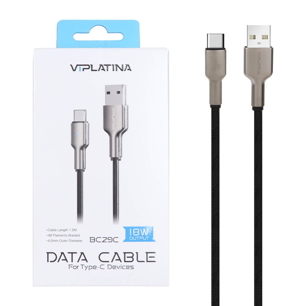 کابل شارژ فست VIPLATINA Type-C مدل BC29C 18W